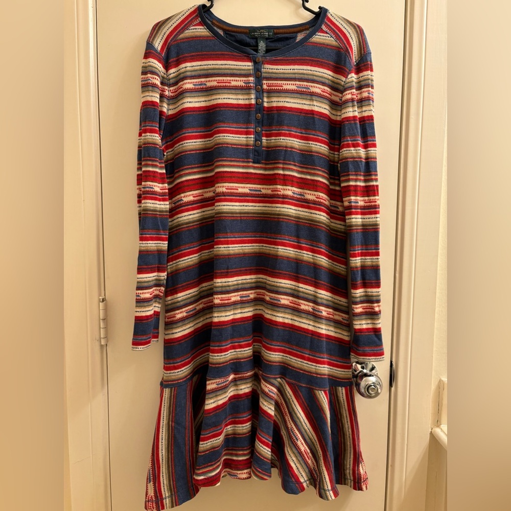 Lauren Ralph Lauren LRL Aztec Southwestern Bohemian Ruffle Waffle Knit Dress XL
